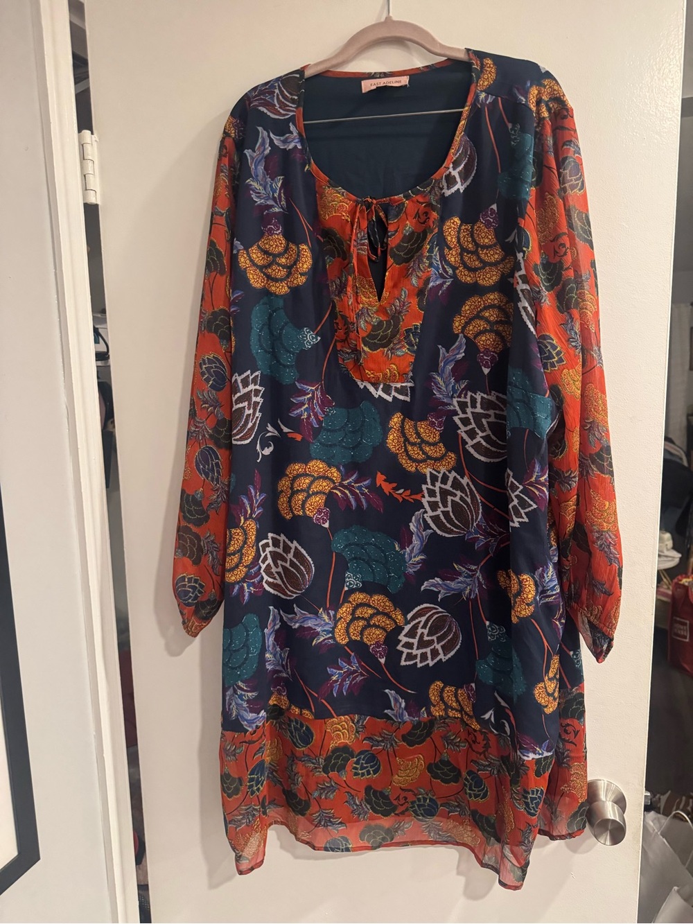 East Adeline Boho Floral Tunic Dress Navy Orange Long Sleeve 22W